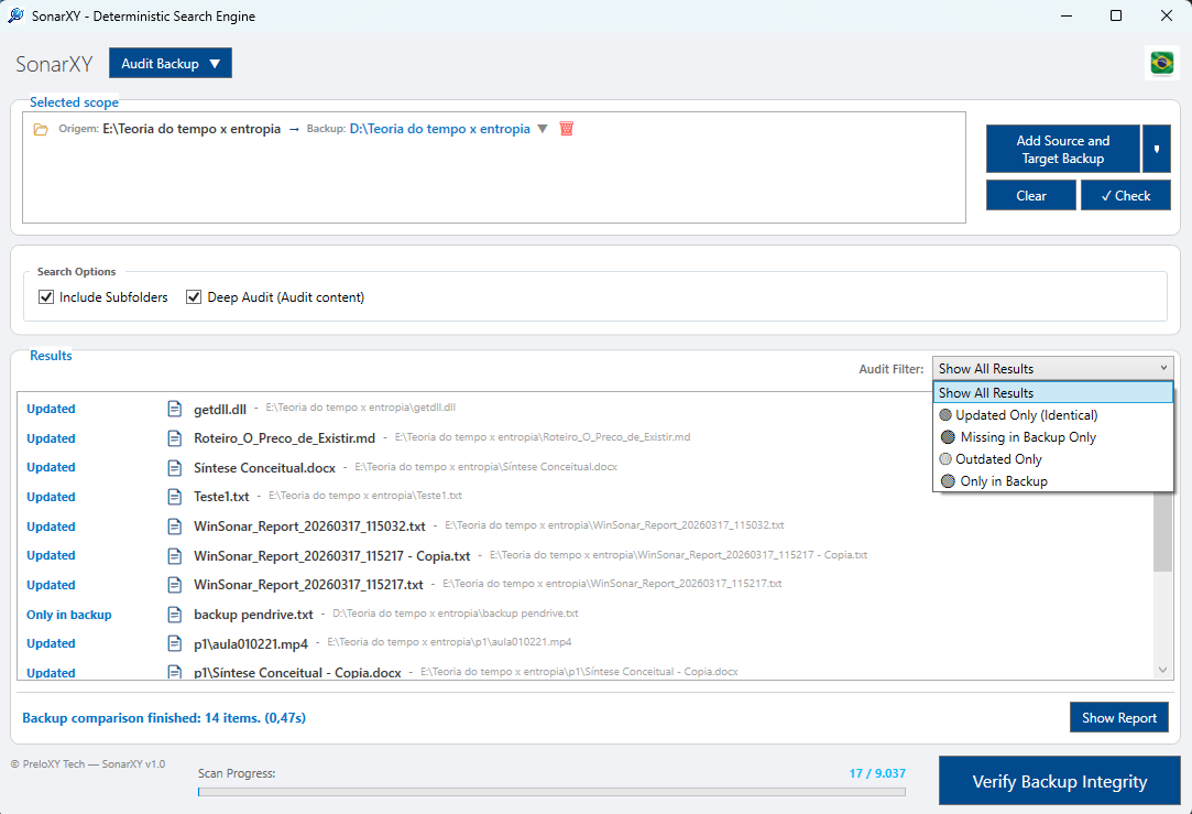 Real SonarXY backup audit screenshot in English with audit filter open