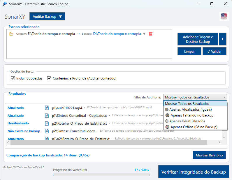 Screenshot real do SonarXY em auditoria de backup com filtro aberto