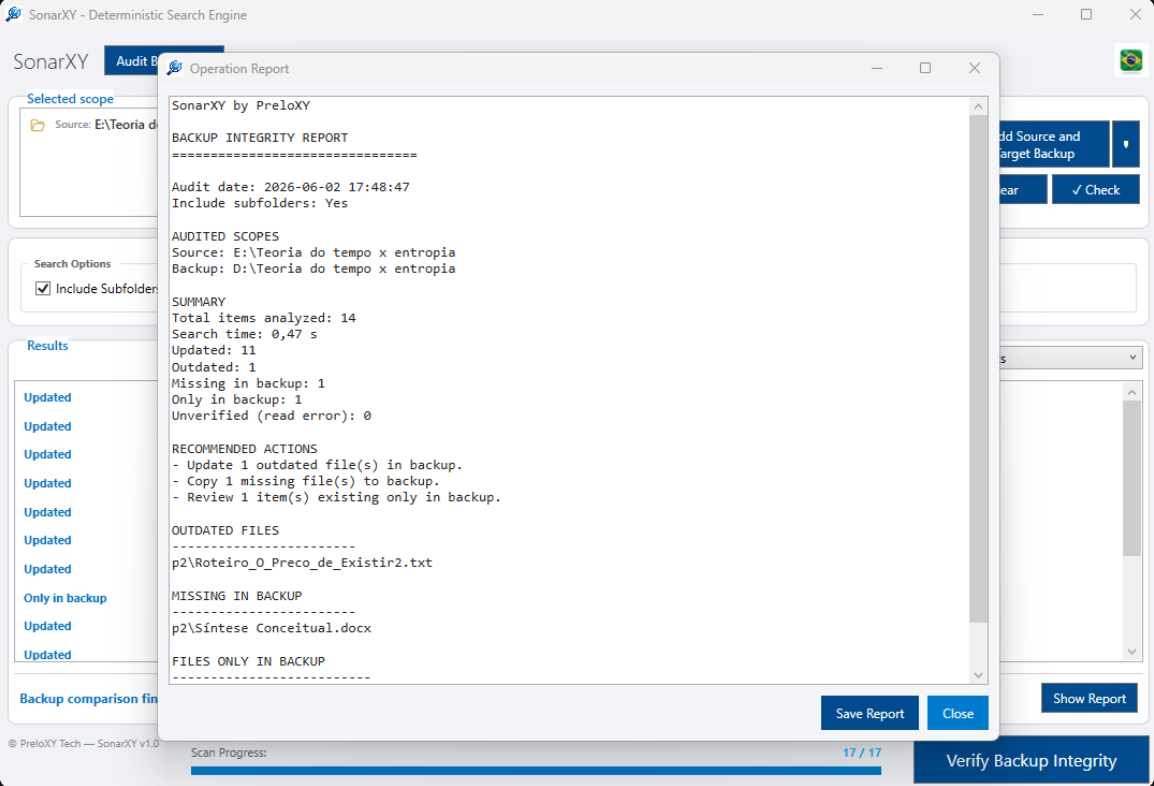 Real SonarXY backup integrity report screenshot