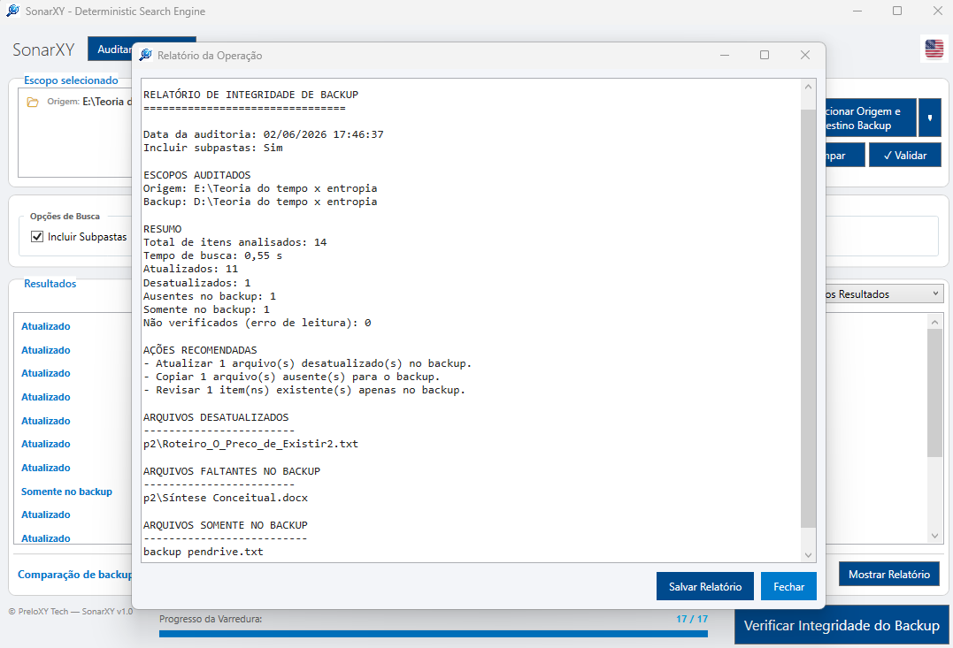 Screenshot real do relatório de integridade de backup do SonarXY