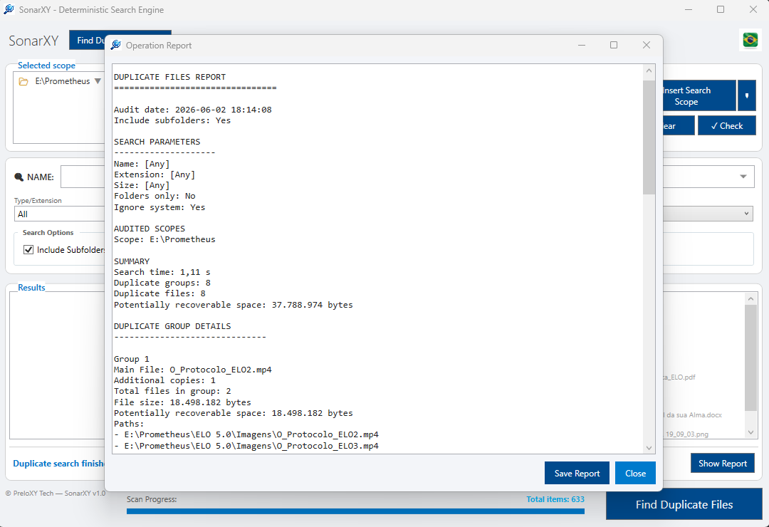 Real SonarXY duplicate files report screenshot