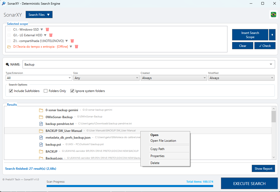 Real SonarXY screenshot with real scopes, finished search and context menu